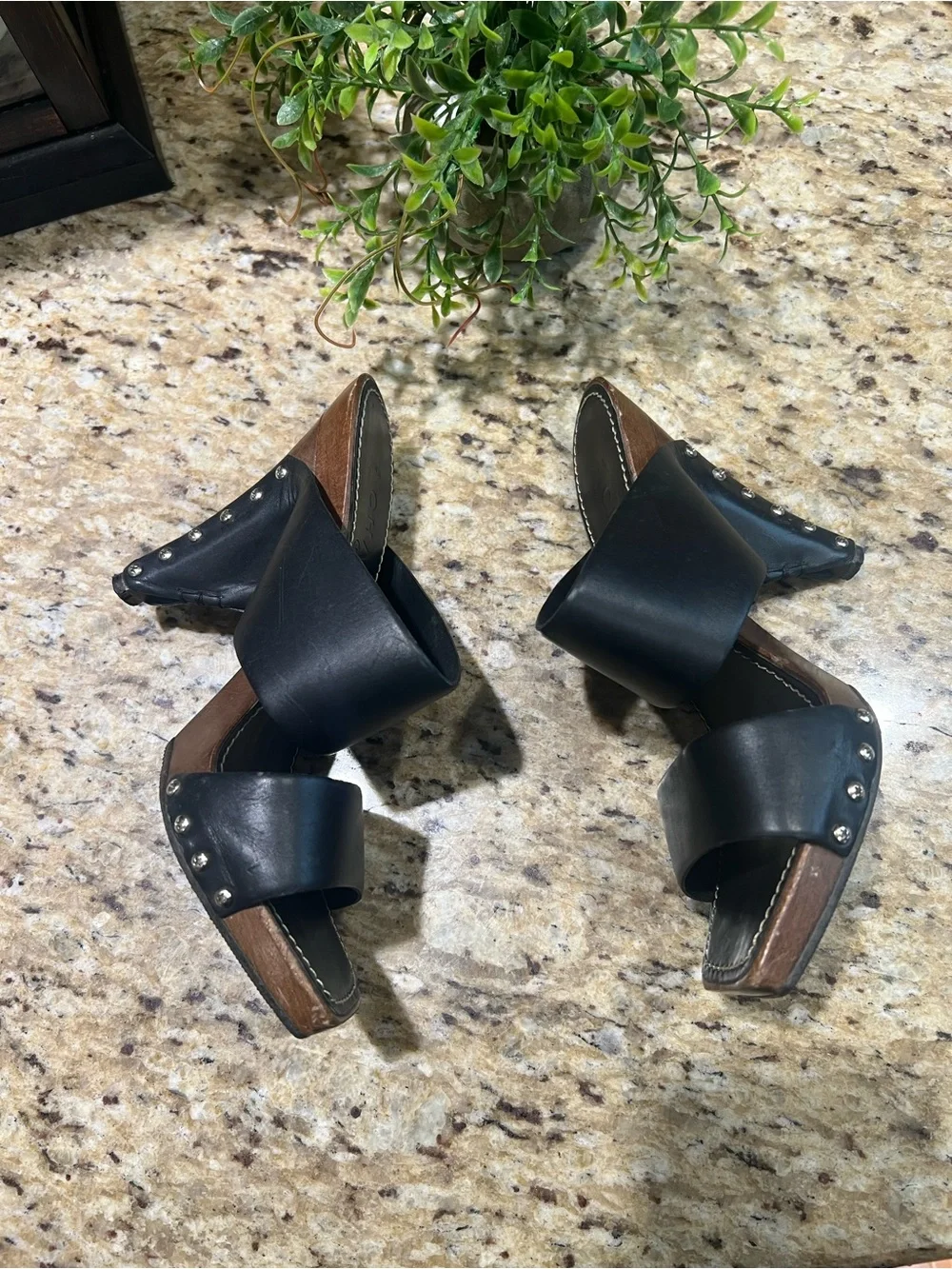 CHANEL Black Leather Studded Platform Mules 36.5
